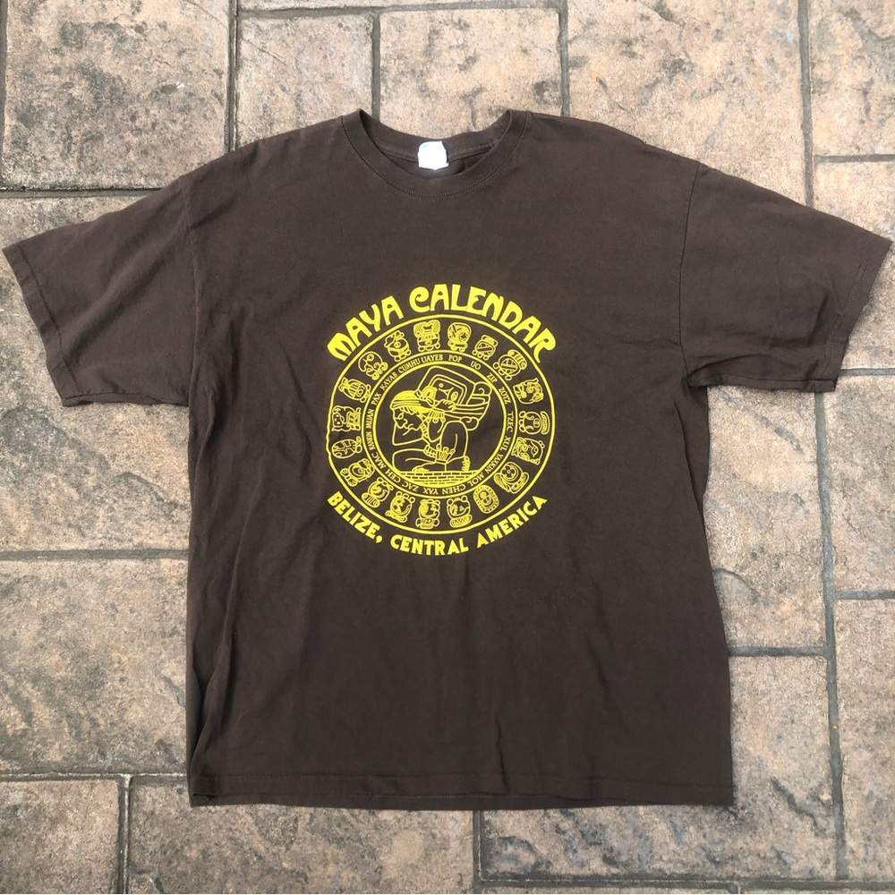 Maya Calendar Belize Men’s T-Shirt XL Yazbek Central America Brown Cotton